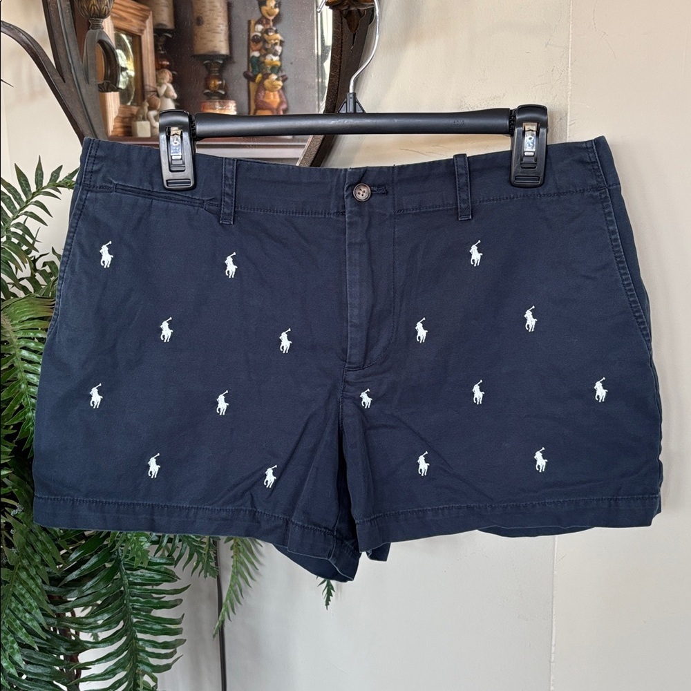 Polo Ralph Lauren Allover Pony Embroidered Shorts Navy Blue White Flat Front